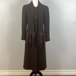 Vintage wool coat has attached scarf with mink tassels by Louis Manley Toronto